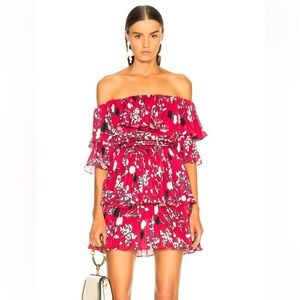 Self Portrait off shoulder pleated floral pattern mini dress - size 2